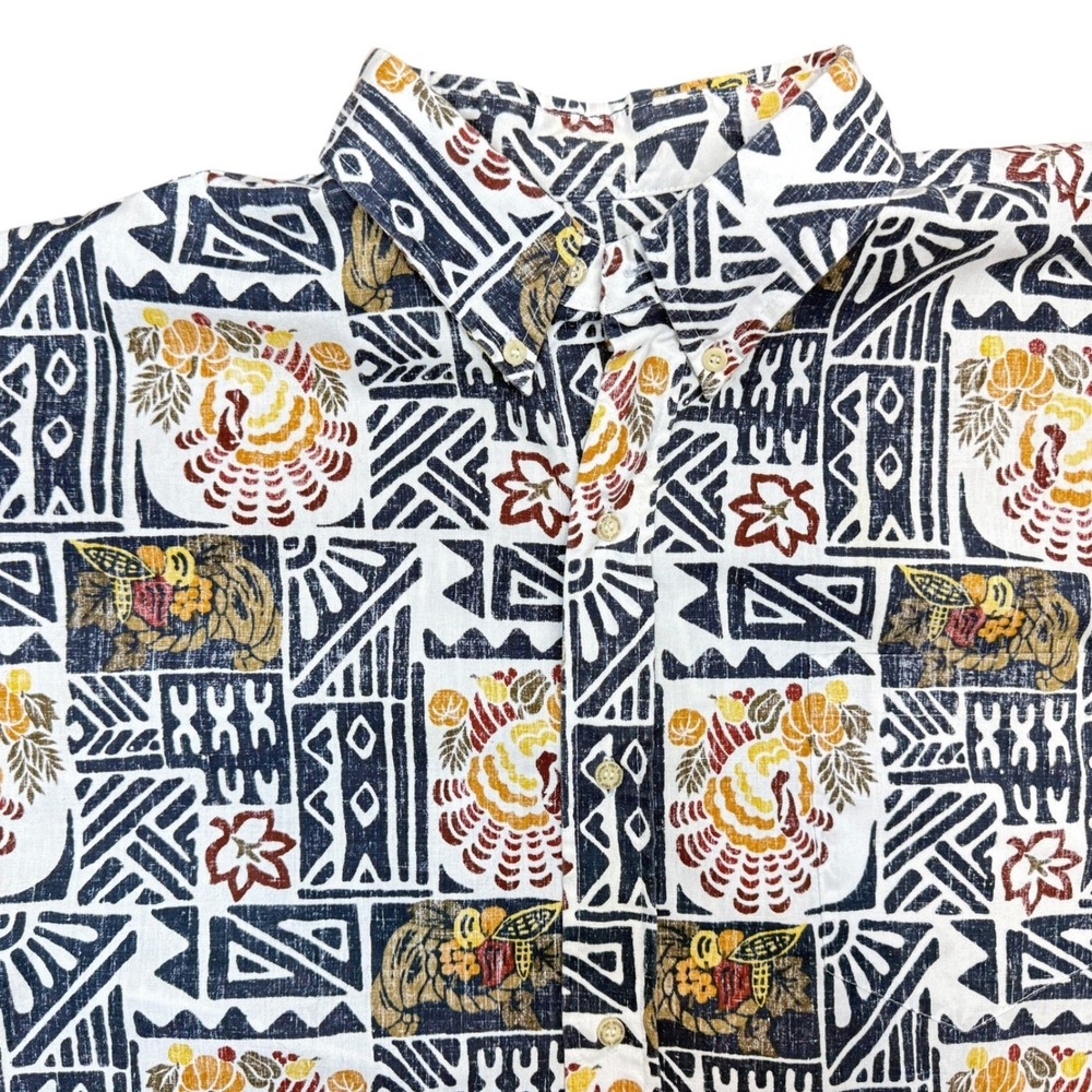 Reyn Spooner Thanksgiving Turkey Tribal Print Hawaiian Shirt Mens 3XL White Navy - Picture 4 of 7